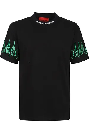 Vision Of Super T-shirt With Embroidered Green Flames And White Logo