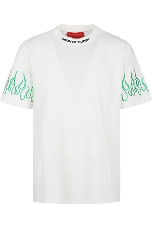 Vision Of Super Off White T-shirt With Embroidered Green Flames And Black Logo