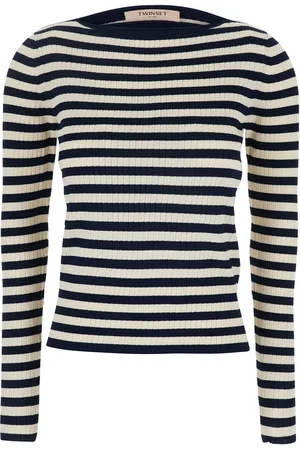 Twin-Set White And Black Top With Ribbed Design And All-over Striped Motif In Viscose Woman