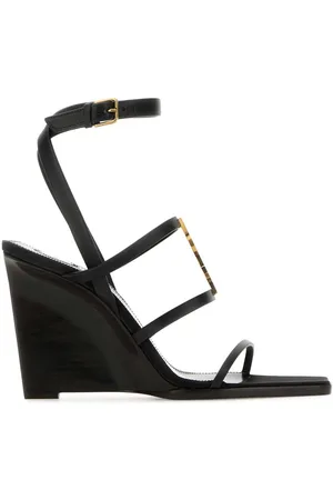 Saint Laurent Black Leather Cassandre Wedges