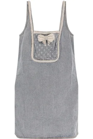Self-Portrait Denim Mini Dress With Bow, Pearls And Jewel Details