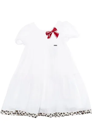 MONNALISA Capri Flared Dress With Maxi Bow On The Front And Leopard Hem In Cotton Girl