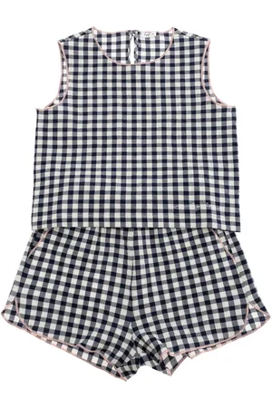 Il gufo Blue Sleeveless Crewneck Set With All-over Check Motif In Cotton Stretch Girl