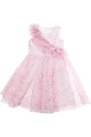 MONNALISA Compleanno Dress With Maxi Ruches And All-over Floral Embellishments In Tech Fabric Girl