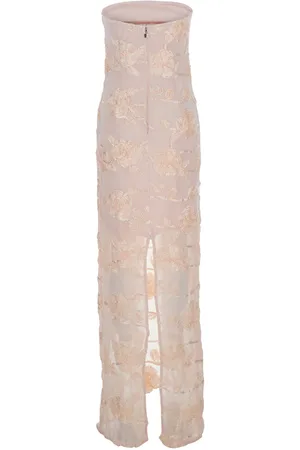 ROTATE Pink Off-shoulder Sleeveless Long Dress With All-over Floral Embroidey And Rear Single Slit In Tech Fabric Stretch Woman