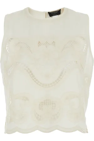 Twin-Set Sleeveless Top With Front Embroidery And Scallop Hem In Cotton Woman