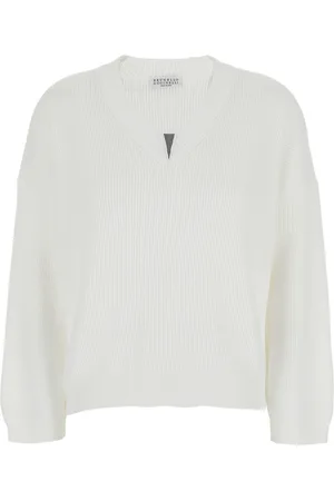 Brunello Cucinelli Sweater With V Neck And Monil Detail On The Neck In Cotton Woman