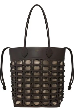 Salvatore Ferragamo Black Tote Bag With Cut-out And Magnetic Closure And Drawstring Closure In Leather Woman