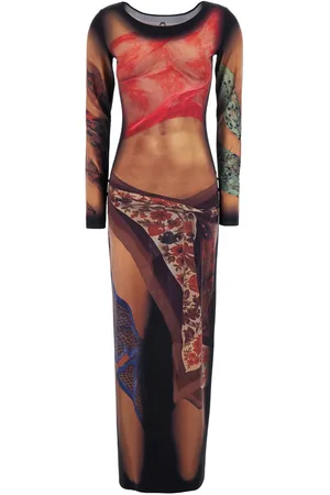 Marine Serre Long Dress With All-over Graphic Print In Tech Fabric Woman