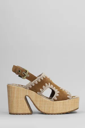 Mou Raffia Platform Sandals In Leather Color Suede