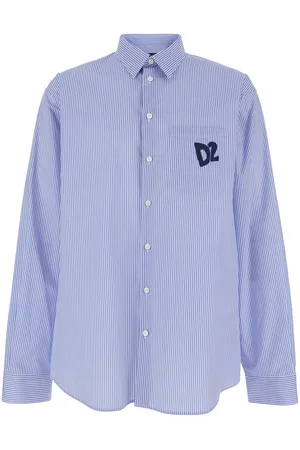 Dsquared2 Blue Shirt With All-over Striped Motif And Applied D2 Logo On The Chest In Cotton Man