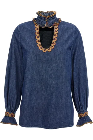 VALENTINO GARAVANI Chambray Denim Embroidered Top