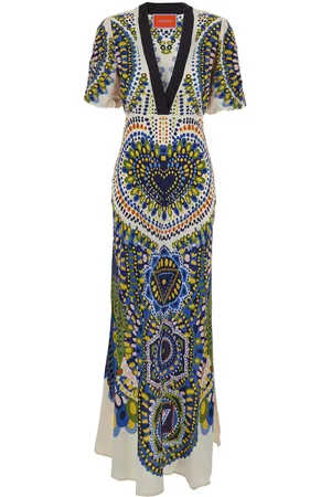 La DoubleJ Marlene Long Flared Dress With V Neck And All-over Graphic Print In Silk Woman