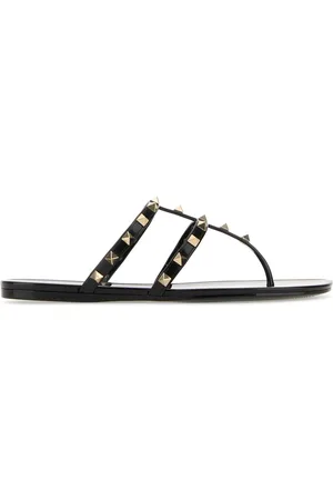 VALENTINO GARAVANI Black Leather Rockstud Thong Slippers