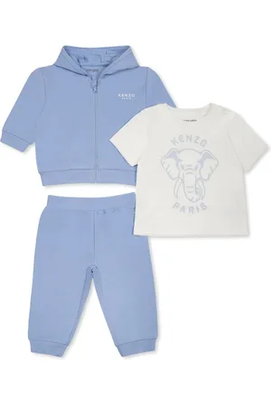 Kenzo Light Blue Suit For Baby Boy With Elephant And Logo