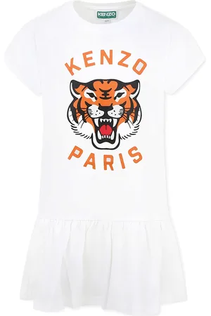 Kenzo Whte Dress For Girl With Lucky Tiger And Orange Logo