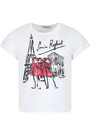 Sonia Rykiel Enfant White T-shirt For Girl With Tour Eiffel Print And Rhinestones