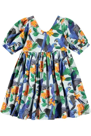 Molo Light Blue Dress For Girl With Parrot