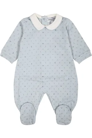 Emporio Armani Light Blue Playsuit For Baby Boy With All-over Eagle Logo
