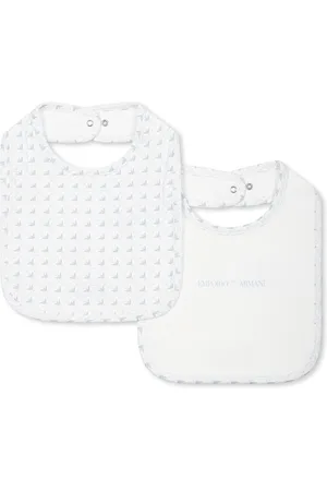 Emporio Armani White Bibs Set For Baby Boy With Light Blue Logo