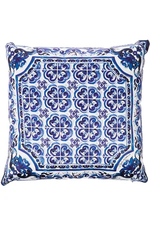 Dolce & Gabbana Blue And White Small Cushion With Blue Mediterranean Print In Duchesse Cotton