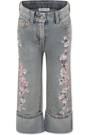 MONNALISA Gray Jeans For Girl With Cherry Blossoms