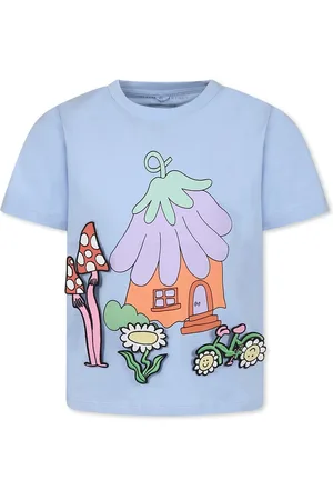 Stella McCartney Light Blue T-shirt For Girl With House Print