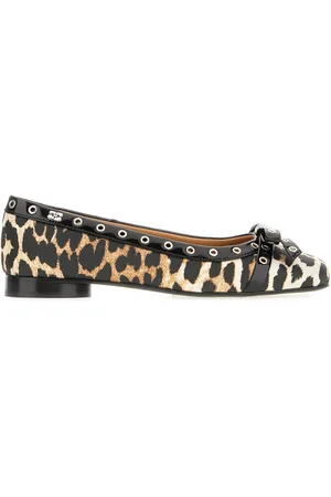 Ganni Printed Fabric Eyelet Bow Ballerinas