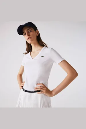 Lacoste Playera de algodón suave con cuello en V para mujer