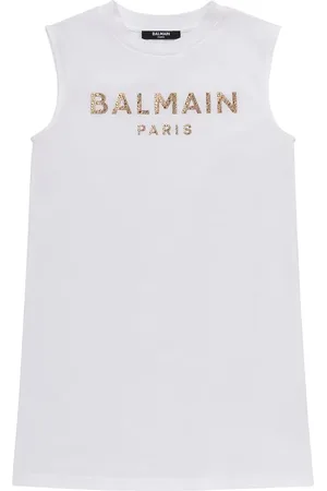 Balmain Vestido De Jersey De Algodón Con Logo Decorado