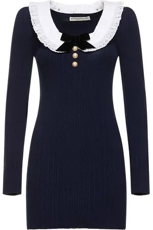 Alessandra Rich Vestido Midi De Punto De Algodón Con Cuello