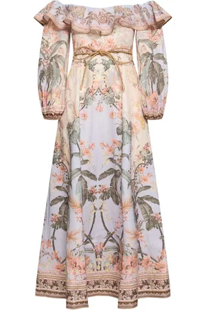 ZIMMERMANN Vestido Midi De Lino Con Hombros Descubiertos