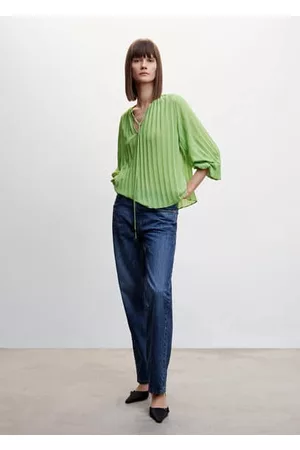 MANGO Blusa plisada manga abullonada