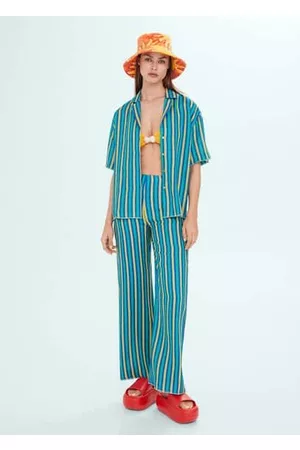 MANGO Mujer Pantalones - Pantalón lino rayas multicolor