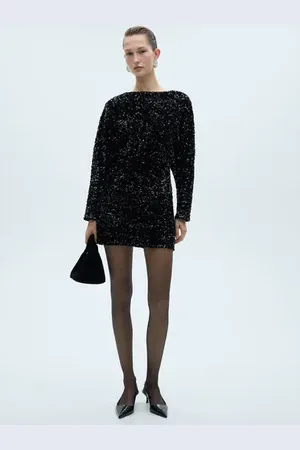 MANGO Vestido lentejuelas manga abullonada