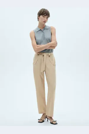 MANGO Pantalón trabillas botón lazo