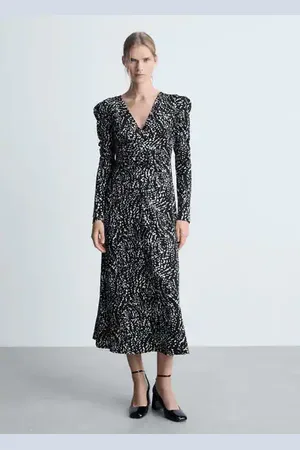 MANGO Vestido estampado manga abullonada