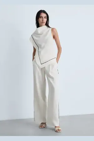 MANGO Pantalón lino raya contraste E