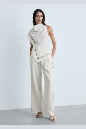 MANGO Pantalón lino raya contraste E