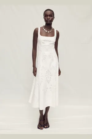 MANGO Vestido evasé lino bordado floral
