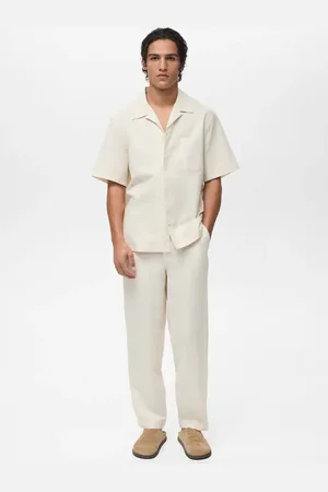 MANGO AN Camisa lino cuello bowling bolsillo