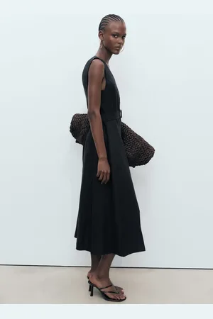 MANGO Vestido evasé lino cinturón E