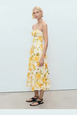 MANGO Vestido midi floral escote fruncido