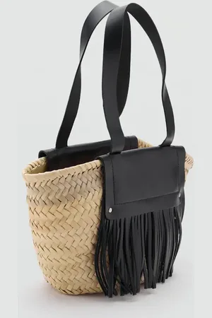 MANGO Bolso mano fibra natural flecos piel Unitalla