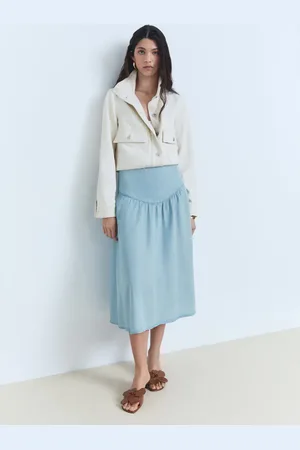 MANGO Falda midi soft denim detalle fruncido CH