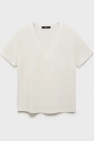 MANGO Camiseta lino cuello pico