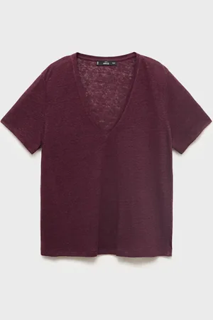 MANGO Camiseta lino cuello pico E