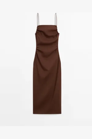 Massimo Dutti Vestido Midi Frunces Mezcla Lino