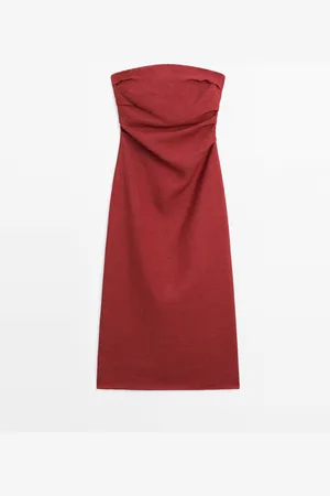 Massimo Dutti Vestido Midi Palabra De Honor Lino
