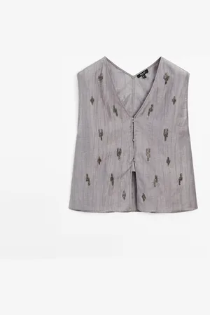 Massimo Dutti Top Detalle Pedrería 100% Lino